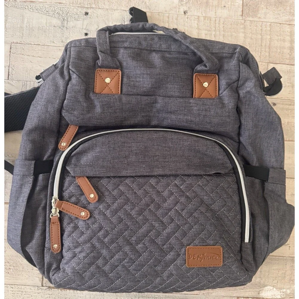 DERFashion Gray Large Diaper Backpack Insulated Pocket Multi-Compartment